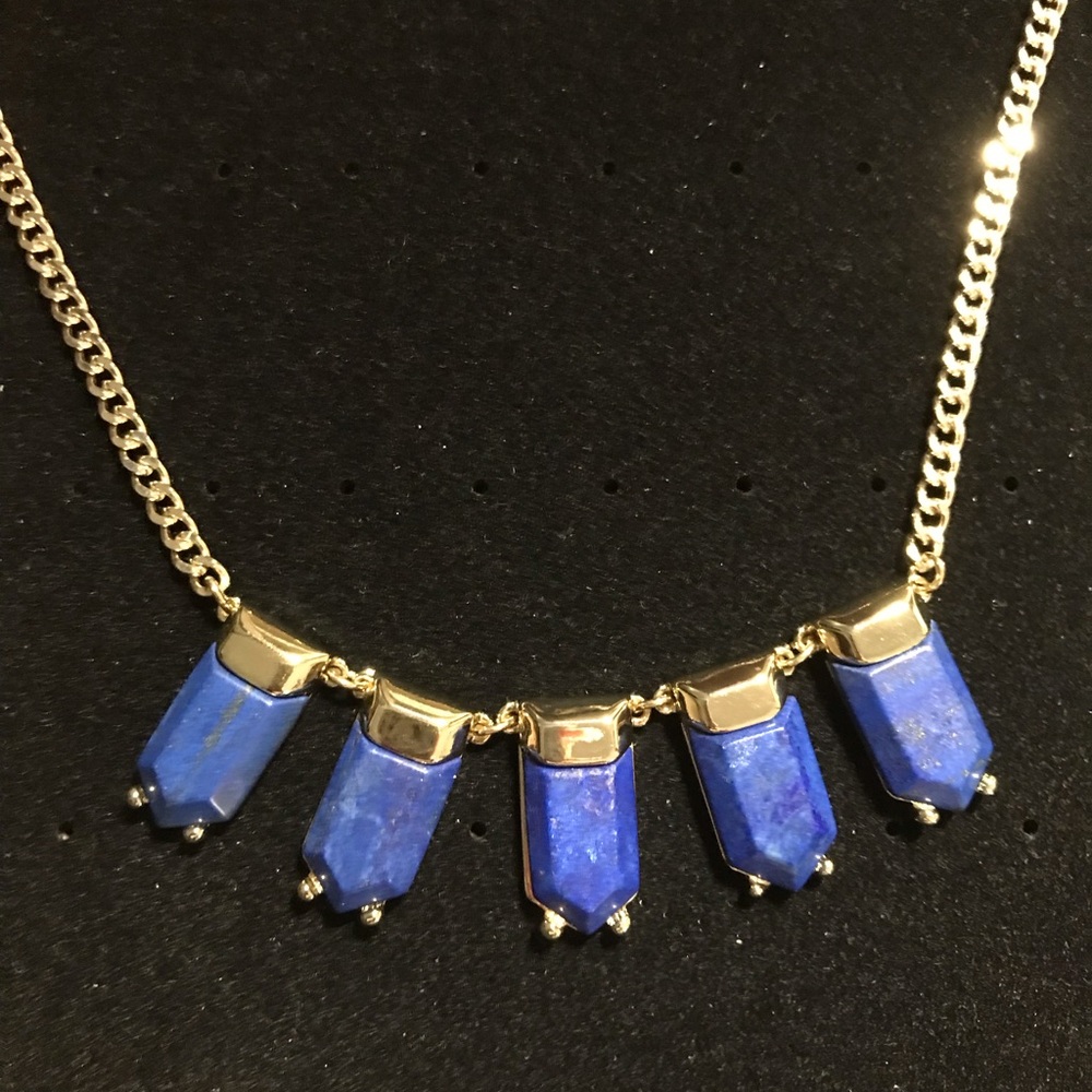 Blue Lapis Necklace Gold tone Link Chain 5 Stones